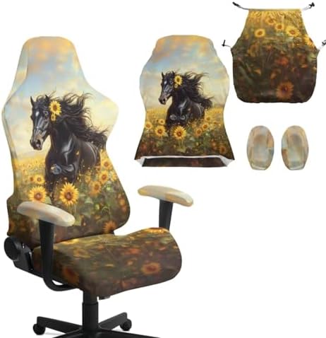 Horse Gaming Chair Cover with Armrest Cover Sunflower Game Computer Covers Cat Scratch Proof Washable Slipcover Universal Stretchable Swivel Office Desk Chair Protector 4-Piece
