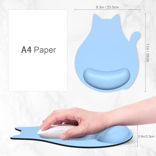 Ergonomic Mouse Pad with Wrist Rest, Cute Cat Memory Foam Padded Pain Relief Non-Slip Wrist Support Mouse Mat for Gaming Work Computer Laptop, Funny Office Supplies Desk Accessory, Sky Blue
