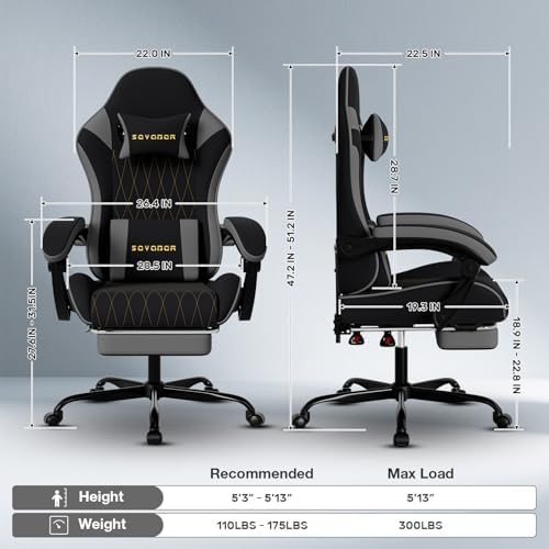 Breathable Fabric Gaming Chair with Footrest, Ergonomic High Back Computer Chair with Gold Diamond Stitching, Height Adjustable Swivel Office Chair with Lumbar Support for Adults,BlackGrey