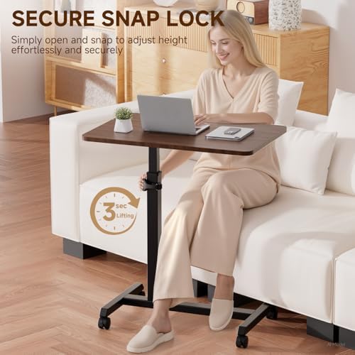 GTPLAYER Small Standing Desk, 24 Inches Foldable Mobile Rolling Laptop PC Table with Lockable Casters, Adjustable Height Overbed Bedside Table Computer Workstation for Home Office, Walnut-Foldable
