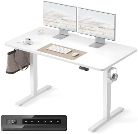 FEZIBO 55 x 24 Inchs Electric Standing Desk, Height Adjustable, Sit Stand Up, Computer Office Desk with Splice Board, White Frame/White Top