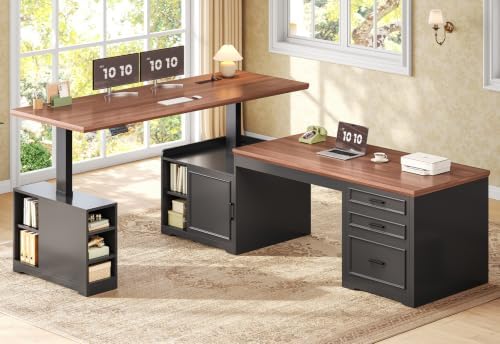 SEDETA Farmhouse L Shaped Standing Desk with Storage, Black+Brown