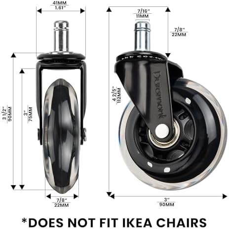 Office Chair Wheels - Set of 5 Rollerblade-Style Caster Wheels, Smooth & Quiet Rolling, Protects Hardwood Floors & Carpets, Universal Fit, Durable and Long-Lasting - Clear
