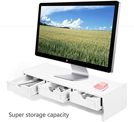 valen Monitor Stand Riser, Computer Laptop Riser Shelf with 3 Organizer Drawers (White, 19.5" L x 7.5" W x 4.7" H) (White)