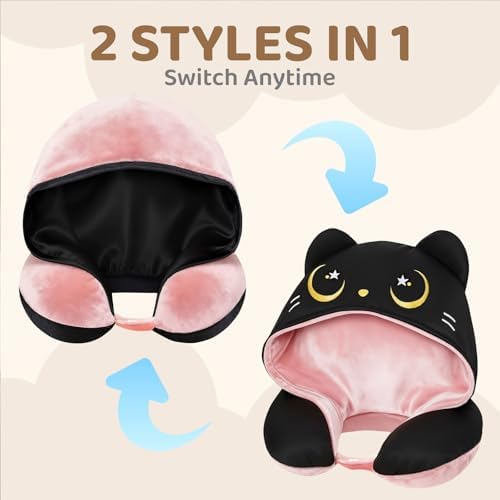Mewaii Travel Neck Pillow, Airplane Pillow with Hood, Memory Foam, Pink