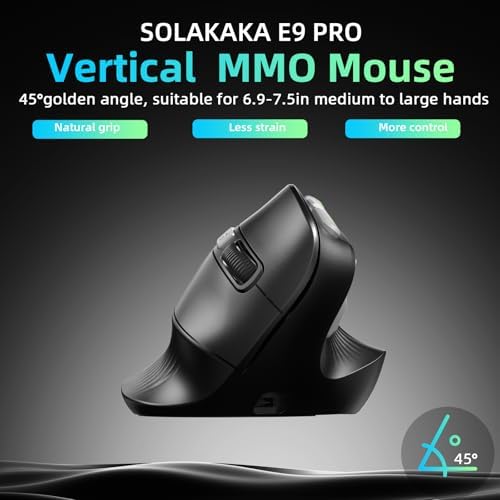 SOLAKAKA E9 PRO Vertical MMO Gaming Mouse with 8K Dongle- 36000 DPI PAW3395 Sensor,8,000Hz Polling Rate,Tri-Mode Ergonomic Wireless Mouse with 10 Side Buttons,RGB Mouse for PC/Mac - Black
