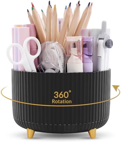 KONVINIT Pencil Pen Holder for Desk, 5 Slots 360 - Degree Rotating Desktop Organizer, Cute Desk Organizers and Accessories for School, Home, Office and Art Supply, Black