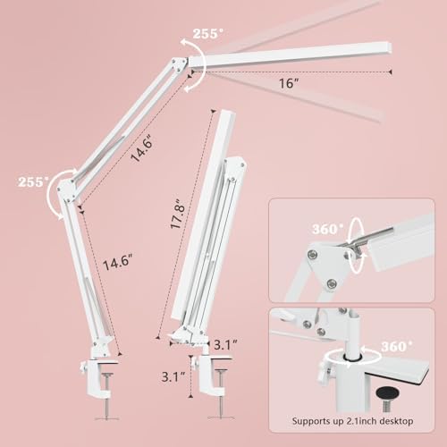 LED Desk Lamp, Manicure Table Lamp, 16" Lamp Head, Dimmable Eye-Caring Drafting Light with 3 Color Modes, 10 Brightness Levels & Adapter, Memory Function(White)