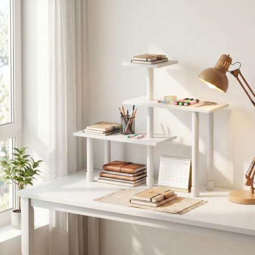 Furinno Turn-N-Tube Desk Organizers and Accessories, 3-Tier Desktop Organizer, Adjustable Desk Shelf, for Home Office, Study Room, Dorm Room, Organizers and Storage, White