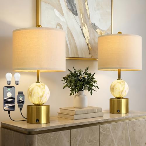 Oneach 20.5" Small Bedside Table Lamps for Bedroom Nightstands, Gold Glass Modern Table Lamps Set of 2 with USB A+C Charging Port, Night Light, Luxury Lamps for Living Room End Table(Bulbs Included)