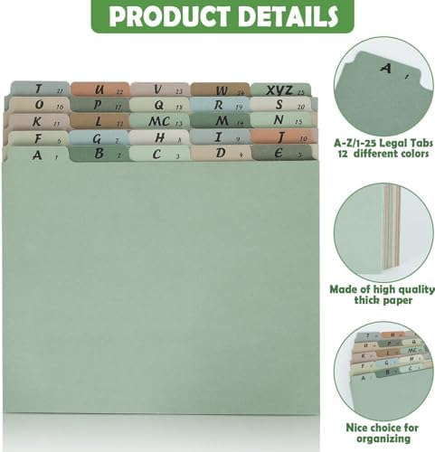 2 Set 50 Alphabet File Dividers A-Z Top Tab File Guides Letter Size 1/5 Cut Tab Manila Alphabetical File Organizer File Cabinet Dividers for Work Office Home School and Desk Organizer (Morandi)
