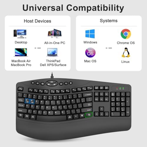 Wired Ergonomic Keyboard, Full-Size USB Computer Keyboard with Wrist Rest