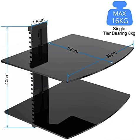 Suptek Glass Floating Shelves, TV Wall Mount with Shelf for DVD Player / PS4 / Cable Boxes/Game Consoles/Sky Box/TV Accessories, Flat Black 2-Tier Wall Mount Bracket