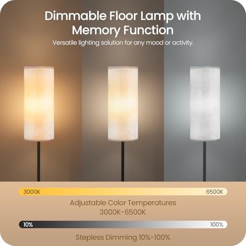 Dimmable Floor Lamp for Living Room with Remote and Foot Switch, Corner Floor Lamp, 64.4" Standing Tall Lamp, 10W 900LM LED Bulb Included, 3000K-6500K, Linen Shade, Weighted, FCC Listed W06LD05W1