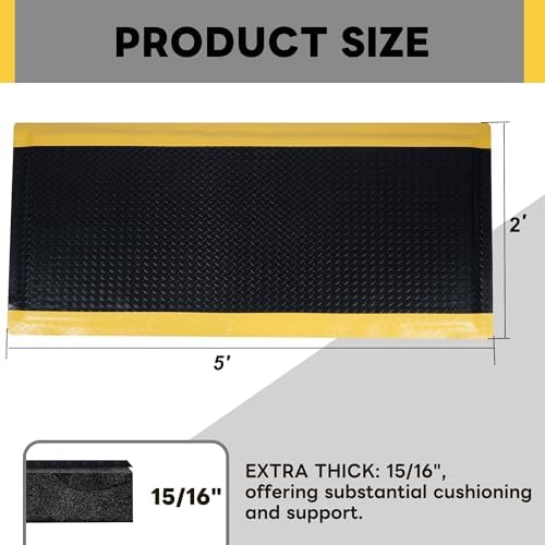 Nisorpa Anti Fatigue Mats Industrial 2' x 5' Ergonomic Standing Mat 15/16" Extra Thick Heavy Duty Commercial Diamond Plate Shop Floor Mat Support for Leg & Back Pain