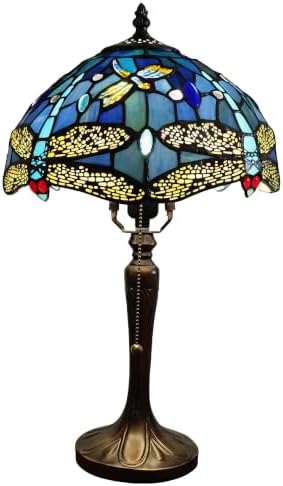 Tiffany Lamp Blue Dragonfly Stained Glass Table Lamp with 3-Color Temperature Vintage Bedside Nightstand Night Light for Bedroom Dorm Living Room Hallway Cottage Office Decor