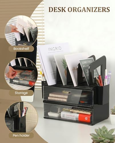 LALOBLUE Acrylic Desk Organizer with Drawer and Vertical File Holder, Desk Organizers and Accessories, Multi-Functional Office Supplies Organizer for Home or Work Desk, Black