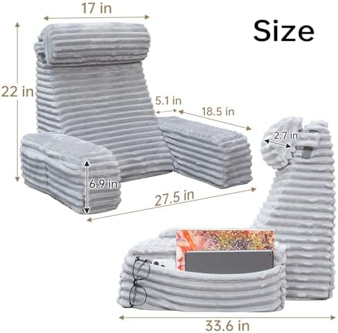 ENITYA 22" XL Back Pillow for Bed Sitting Up with Armrests & Big Pockets