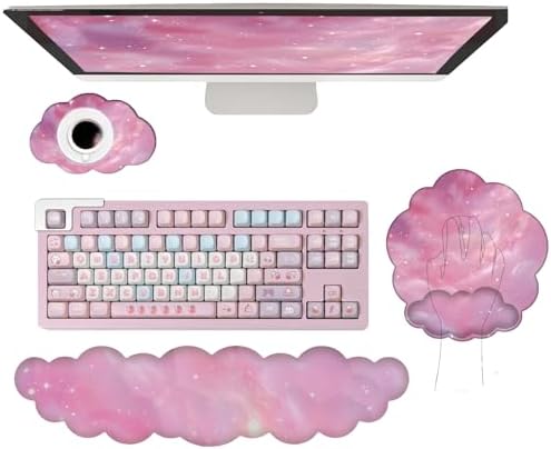 Cloud Keyboard Wrist Rest Galaxy Mouse Pad with Wrist Rest Ergonomic Space Wrist Pad Memory Foam Non-Slip Wrist Support for Computer Laptop Gaming Home Office Relief Typing Pain Pink Stars