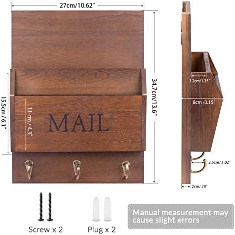 DLQuarts Solid Wood Mail Organizer with Key Holder for Wall, Mail Sorter Wall Mounted, Decorative Wooden Key and Mail Holder with 3 Hooks, Dark Brown
