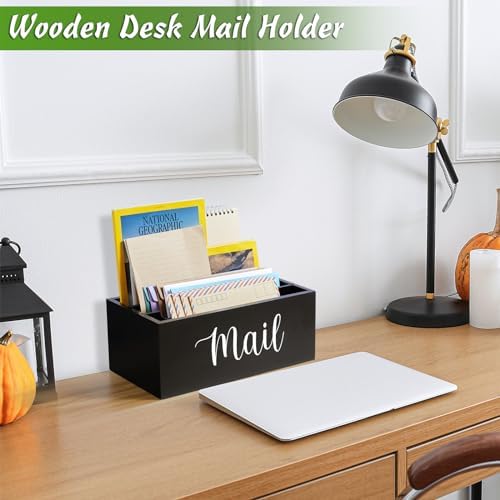 DRASTAR Mail Organizer Countertop, Wooden Mail Holder with 3 Slots, Desktop Mail Organizer, Black Mail Sorter for Home Office Accessories