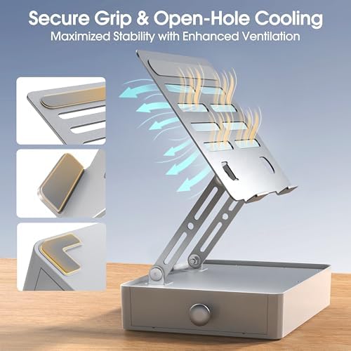 Laptop Stand with Storage Drawer, Adjustable Laptop Riser for Desk, Silver