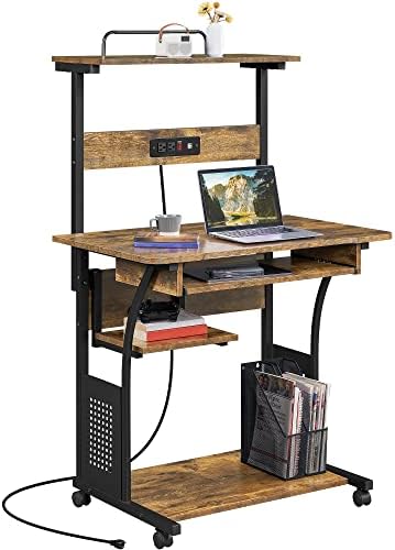 Yaheetech Small 3-Tier Rolling Computer Desk, Power Outlet, Rustic Brown