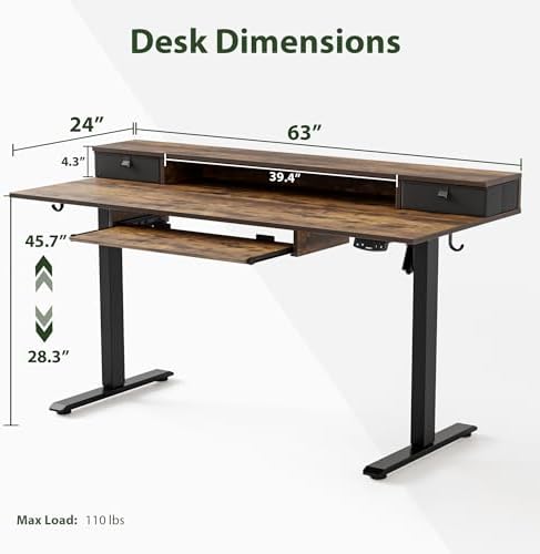 Agilestic 63 Inch Standing Desk with Drawers & Keyboard Tray, Rustic Brown