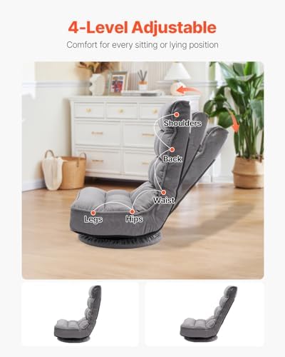 VEVOR Swivel Floor Gaming Chair, 360-Degree Rotating Foldable Lounge Chair with 4 Position Adjustable Backrest & Lumbar Support, Folding Video Reclining Lazy Sofa for Watching TV Reading Playing Game