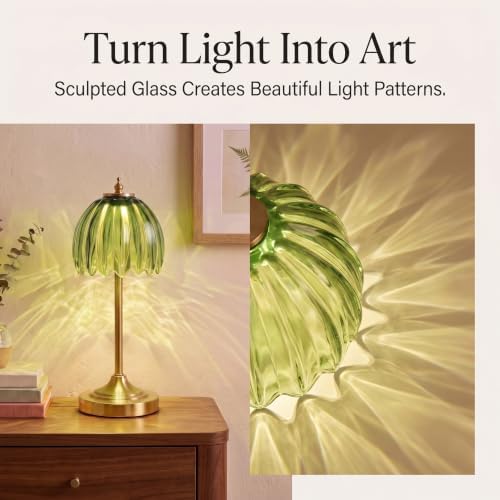 Tulip Glass Rechargeable Table Lamp, Cordless Vintage Table Light (Green)