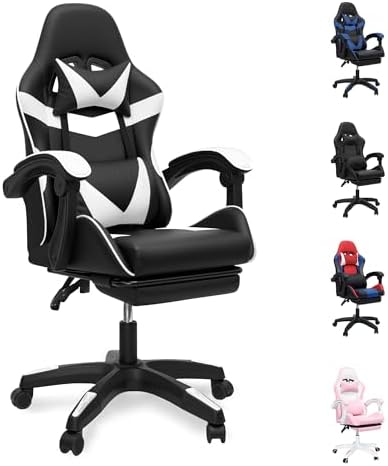 J.M.-Deco Gaming Chair Office Chair-Big and Tall Office Ergonomic Chair with Foot Rest - Comfy Desk Chair with Lumbar Support,Black and White