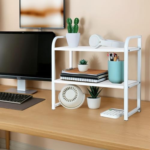 Desktop Shelf Organizer Office Desk Shelf for Top of Desk Wood & Metal Bookshelf Supplies Storage Rack (White)