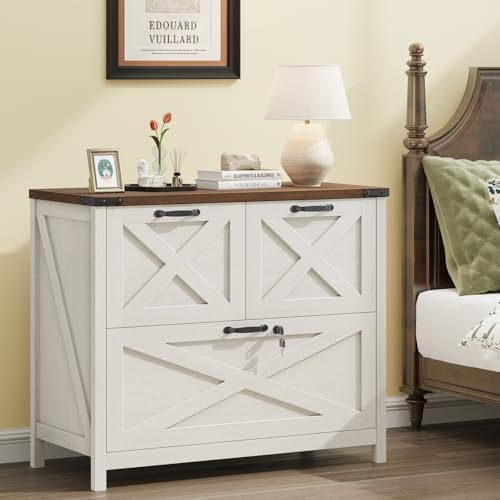 Halitaa Farmhouse Lateral File Cabinet with 3 Drawers, White and Brown