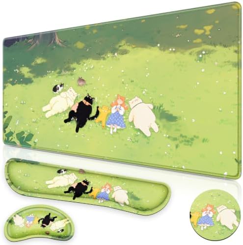 Canjoy Desk Mat with Wrist Rest, Anime Desk Pad for Keyboard and Mouse 4-in-1 Cute Cat Mouse Pad + Keyboard Wrist Rest+ Coaster(35.4×15.7 in) Extended Desk Pad Memory Foam Non-Slip Desk Mat