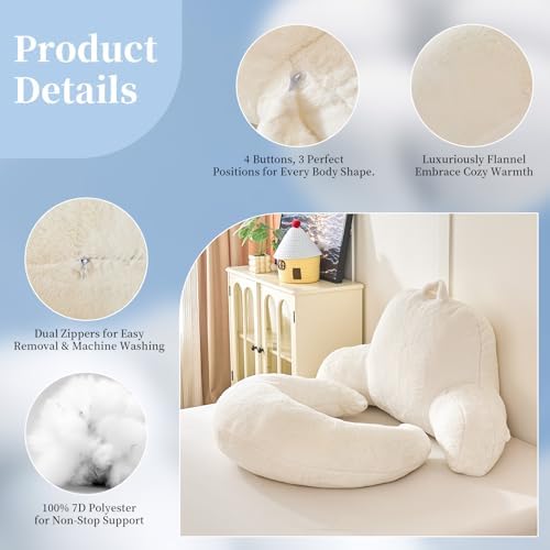 19" Reading Pillow for Bed,U Shaped Arm & Elbow Support,White Faux Fur