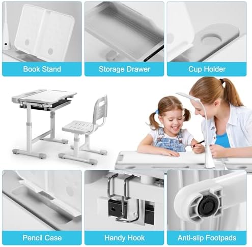 Rengue Kids Desk and Chair Set, Height Adjustable Children School Functional Study Desk with 55° Tiltable Desktop, 3 Modes & Brightness LED Light, Storage Drawer & Metal Hook for Boys Girls (Grey)