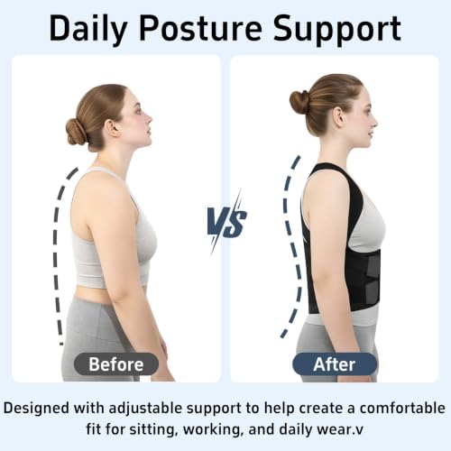 Posture Corrector for Women and Men, Adjustable Back Brace with Shoulder Support, Lumbar Support Belt and Full Back Support, Posture Trainer Back Straightener for Upper Back, Lower Back Support, Slouching and Hunchback Corrector (Black, Medium)
