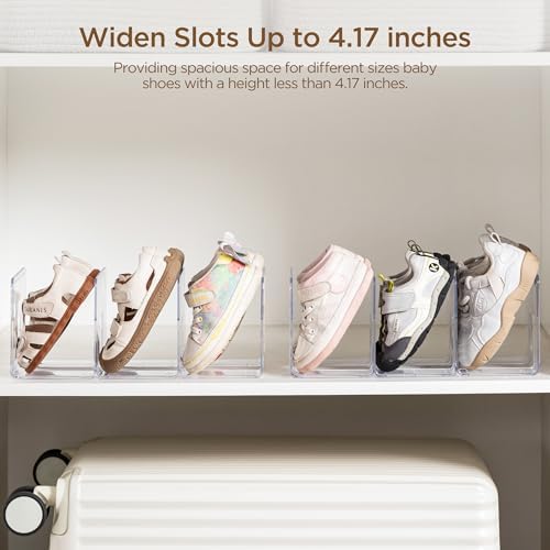 HBlife Widened 4.17 Inch Clear Acrylic Kids Shoe Rack for Closet Organizers and Storage, Small Shoe Rack 3 Sections Toddler Baby Shoe Storage Organizer Shelf, Desk File Book Purse Organizer(2 Pack)