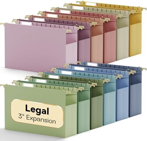 Plastic Hanging File Folders Legal Size,Heavy Duty 3" Expandable Legal Folders for Filing Cabinet,12 Pack Sturdy Extra Capacity Hang Folder with Tabs,Pastel Hanging File Organizer for File Box