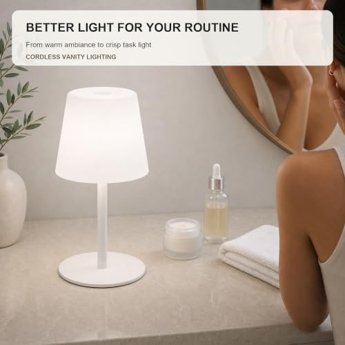 Rechargeable Cordless Table Lamp, IP65 Waterproof Touch Night Light with 4000mAh Battery, 3 Color Temperatures and Stepless Dimming for Bathroom, Nursery, Bedside and Skincare, White