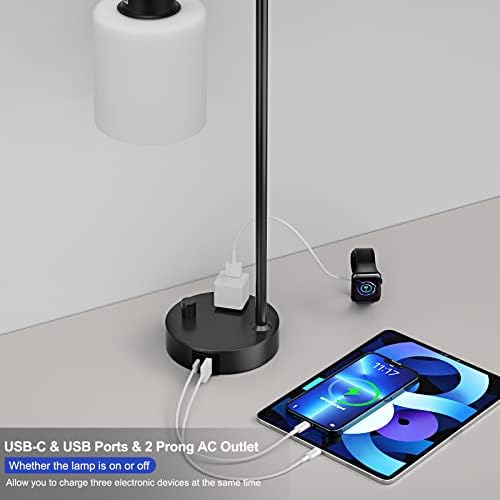 Industrial Bedroom Table Lamps for Bedside - White Opal Glass Shade Desk Lamps with USB C Port, Fully Dimmable Black Lamps with USB Port and Outlet, Reading Nightstand Lamp for Office Living Room