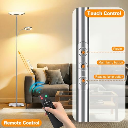marctronic Brushed Nickel Floor Lamp, 42W 4000LM Brightest LED, Smooth Metallic Body & Anti-Glare, Dimmable Remote/Touch Floor Lamp for Bedroom/Study