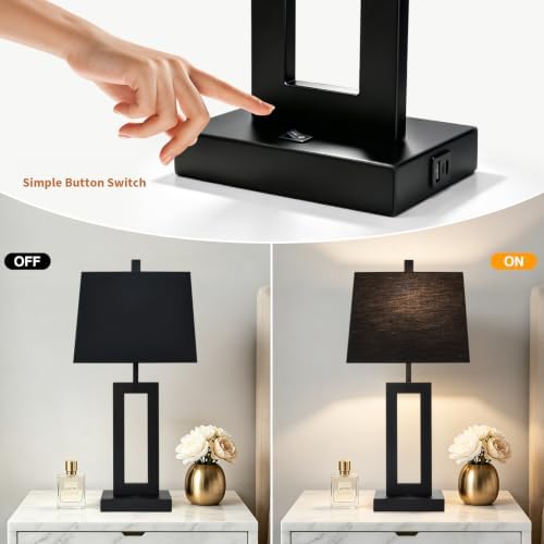 Cinkeda Black Bedside Table Lamp Set of 2, Nightstand Lamps with USB Ports
