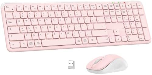 Wireless Keyboard and Mouse Combo, Full-Size Silent Ergonomic Keyboard and Mouse, Sleep Mode, Long Battery Life, 2.4G Lag-Free Cordless Mice Keyboard Set for Computer, Laptop, PC, Mac, Windows (Pink)