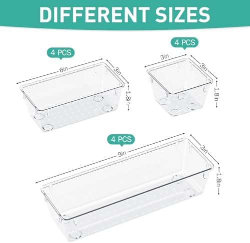9 Pack Clear Drawer Organizer Set, Drawer Storage Trays, Storage Bins