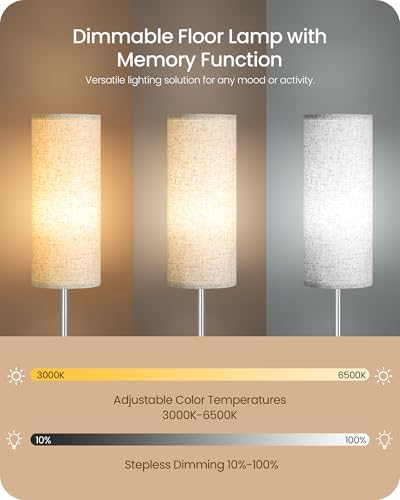 Dimmable Floor Lamps for Living Room with Remote and Foot Switch, 64.4” Modern Standing Tall Lamp, Corner Lamp for Bedroom, Office, Bulb Included, 3000K-6500K, Beige and Silver, FCC Listed SE06LD05W1