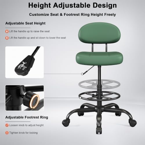 Armless Drafting Chair with Back, Tall Office Chair for Standing Desk, PU Faux Leather,Footrest Ring,Adjustable Height,360°Wheels for Bar Home Office