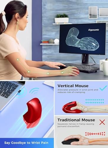 Ergonomic Mouse, Vertical Wireless Mouse 2.4G Rechargeable Optical Vertical Mouse High Precision Optical Mouse Adjustable800/1200/1600 DPI 6 Buttons, for Laptop etc, Red,Specially for Right-handers
