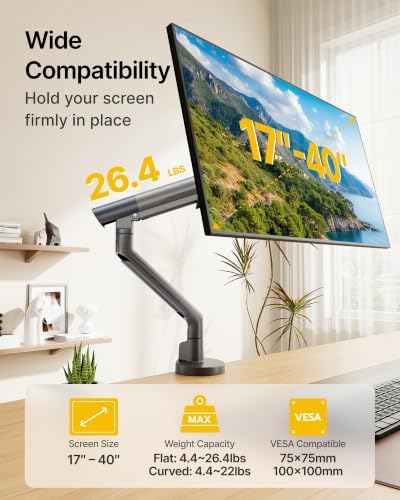 monTEK Aluminum Monitor Arm for 17-40" Screens, 26.4 lbs, Gray
