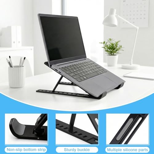 Laptop Stand for Desk, Adjustable 10-Angle Foldable Laptop Riser, Portable Black Plastic Tablet Holder, Ventilated Notebook Stand Compatible with All Laptops up to 17 Inch